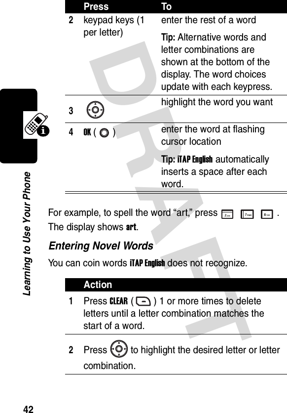 DRAFT 42Learning to Use Your PhoneFor example, to spell the word “art,” press . The display shows art. Entering Novel WordsYou can coin words iTAP English does not recognize.2keypad keys (1 per letter)enter the rest of a wordTip: Alternative words and letter combinations are shown at the bottom of the display. The word choices update with each keypress.3highlight the word you want4OK () enter the word at flashing cursor locationTip: iTAP English automatically inserts a space after each word.Action1Press CLEAR ( ) 1 or more times to delete letters until a letter combination matches the start of a word.2Press to highlight the desired letter or letter combination.Press To