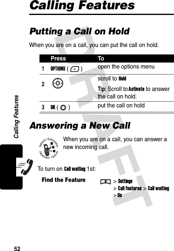 DRAFT Calling Features52Calling FeaturesPutting a Call on HoldWhen you are on a call, you can put the call on hold.Answering a New CallWhen you are on a call, you can answer a new incoming call.To turn on Call waiting 1st:Press To1OPTIONS () open the options menu2scroll to HoldTip: Scroll to Activate to answer the call on hold.3OK () put the call on holdFind the Feature&gt;Settings&gt;Call features &gt; Call waiting &gt; On