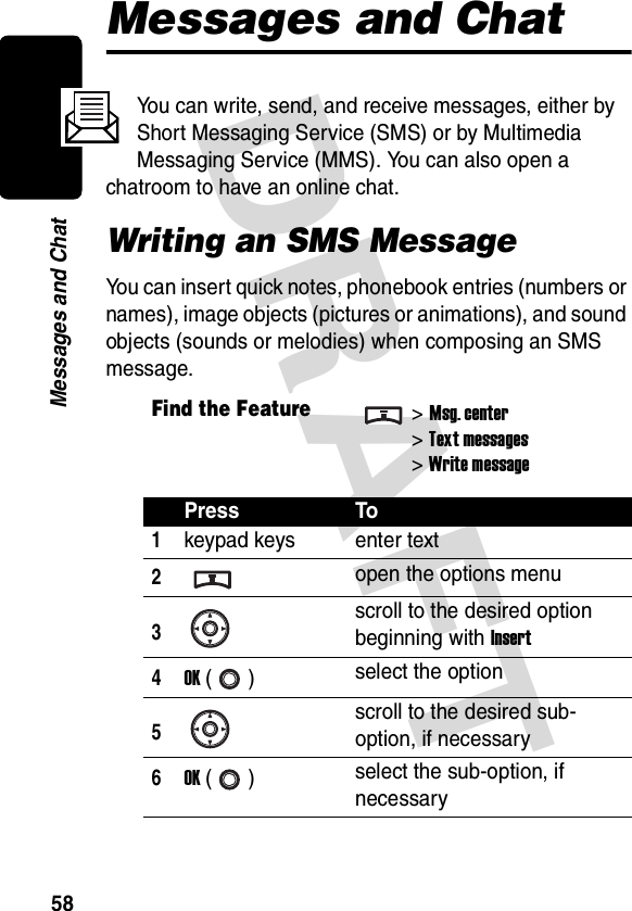 DRAFT 58Messages and ChatMessages and ChatYou can write, send, and receive messages, either by Short Messaging Service (SMS) or by Multimedia Messaging Service (MMS). You can also open a chatroom to have an online chat.Writing an SMS MessageYou can insert quick notes, phonebook entries (numbers or names), image objects (pictures or animations), and sound objects (sounds or melodies) when composing an SMS message.Find the Feature&gt;Msg. center&gt;Text messages&gt;Write messagePress To1keypad keys enter text2open the options menu3scroll to the desired option beginning with Insert4OK () select the option5scroll to the desired sub-option, if necessary6OK () select the sub-option, if necessary