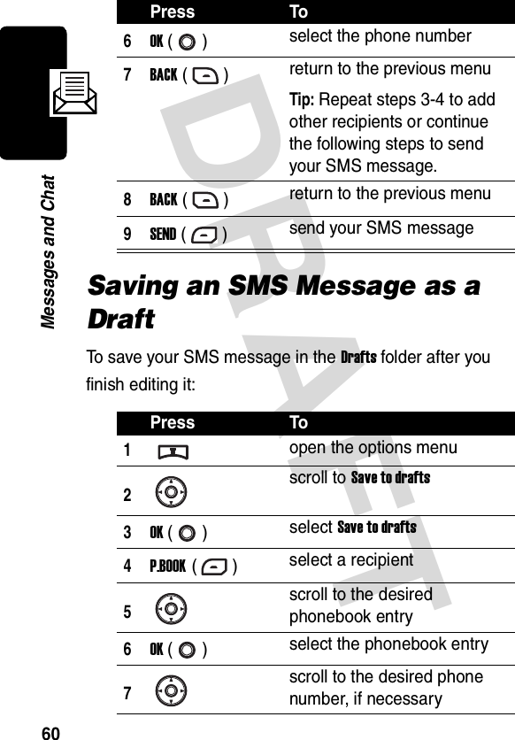 DRAFT 60Messages and ChatSaving an SMS Message as a DraftTo save your SMS message in the Drafts folder after you finish editing it:6OK () select the phone number7BACK () return to the previous menuTip: Repeat steps 3-4 to add other recipients or continue the following steps to send your SMS message.8BACK () return to the previous menu9SEND () send your SMS messagePress To1open the options menu2scroll to Save to drafts3OK () select Save to drafts4P.BOOK () select a recipient5scroll to the desired phonebook entry6OK () select the phonebook entry7scroll to the desired phone number, if necessaryPress To