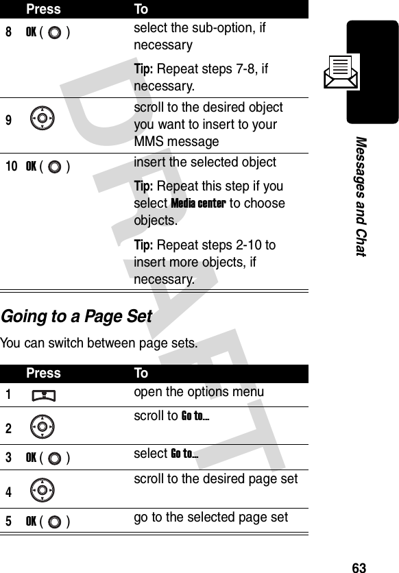 DRAFT 63Messages and ChatGoing to a Page SetYou can switch between page sets.8OK () select the sub-option, if necessaryTip: Repeat steps 7-8, if necessary.9scroll to the desired object you want to insert to your MMS message10OK () insert the selected objectTip: Repeat this step if you select Media center to choose objects.Tip: Repeat steps 2-10 to insert more objects, if necessary.Press To1open the options menu2scroll to Go to...3OK () select Go to...4scroll to the desired page set5OK () go to the selected page setPress To