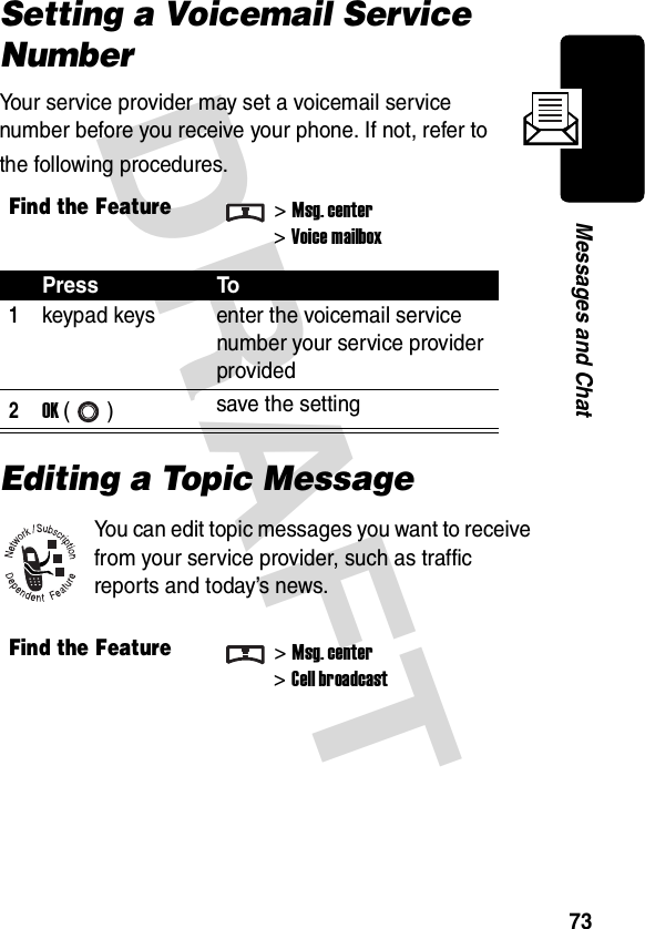 DRAFT 73Messages and ChatSetting a Voicemail Service NumberYour service provider may set a voicemail service number before you receive your phone. If not, refer to the following procedures.Editing a Topic MessageYou can edit topic messages you want to receive from your service provider, such as traffic reports and today’s news.Find the Feature&gt;Msg. center&gt;Voice mailboxPress To1keypad keys enter the voicemail service number your service provider provided2OK () save the settingFind the Feature&gt;Msg. center&gt;Cell broadcast