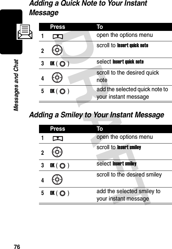 DRAFT 76Messages and ChatAdding a Quick Note to Your Instant MessageAdding a Smiley to Your Instant MessagePress To1open the options menu2scroll to Insert quick note3OK () select Insert quick note4scroll to the desired quick note5OK () add the selected quick note to your instant messagePress To1open the options menu2scroll to Insert smiley3OK () select Insert smiley4scroll to the desired smiley5OK () add the selected smiley to your instant message