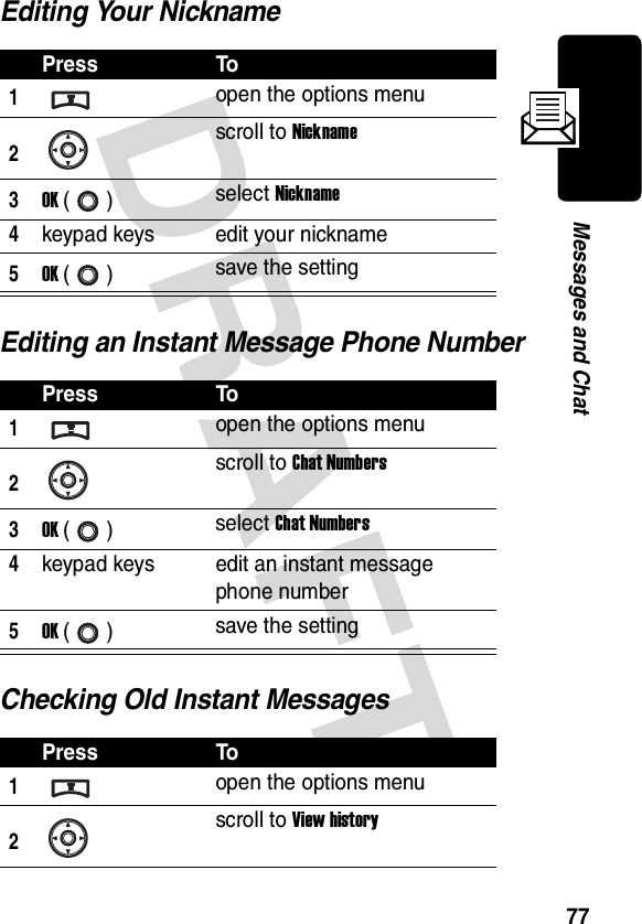 DRAFT 77Messages and ChatEditing Your NicknameEditing an Instant Message Phone NumberChecking Old Instant MessagesPress To1open the options menu2scroll to Nickname3OK () select Nickname4keypad keys edit your nickname5OK () save the settingPress To1open the options menu2scroll to Chat Numbers3OK () select Chat Numbers4keypad keys edit an instant message phone number5OK () save the settingPress To1open the options menu2scroll to View history