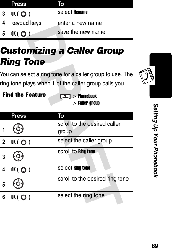 DRAFT 89Setting Up Your PhonebookCustomizing a Caller Group Ring ToneYou can select a ring tone for a caller group to use. The ring tone plays when 1 of the caller group calls you.3OK () select Rename4keypad keys enter a new name5OK () save the new nameFind the Feature&gt;Phonebook&gt;Caller groupPress To1scroll to the desired caller group2OK () select the caller group3scroll to Ring tone4OK () select Ring tone5scroll to the desired ring tone6OK () select the ring tonePress To