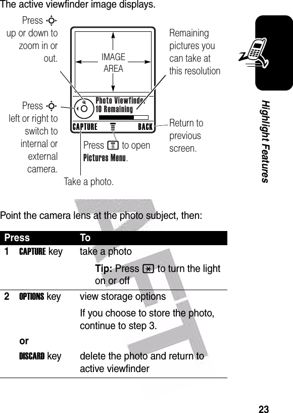  23Highlight FeaturesThe active viewfinder image displays.Point the camera lens at the photo subject, then:Press To1CAPTURE key take a photoTip: Press * to turn the light on or off2OPTIONS key view storage optionsIf you choose to store the photo, continue to step 3.orDISCARD key delete the photo and return to active viewfinderPress S        up or down to zoom in or out.Remaining pictures you can take at this resolutionReturn to previous screen.Press S        left or right to switch to internal or external camera.Take a photo.Press M to open Pictures Menu.CAPTURE BACKPhoto Viewfinder10 RemainingIMAGEAREA