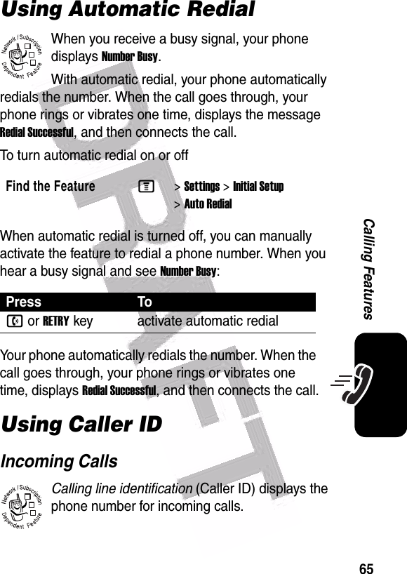  65Calling FeaturesUsing Automatic RedialWhen you receive a busy signal, your phone displays Number Busy.With automatic redial, your phone automatically redials the number. When the call goes through, your phone rings or vibrates one time, displays the message Redial Successful, and then connects the call.To turn automatic redial on or offWhen automatic redial is turned off, you can manually activate the feature to redial a phone number. When you hear a busy signal and see Number Busy:Your phone automatically redials the number. When the call goes through, your phone rings or vibrates one time, displays Redial Successful, and then connects the call.Using Caller IDIncoming CallsCalling line identification (Caller ID) displays the phone number for incoming calls.Find the FeatureM&gt;Settings &gt;Initial Setup &gt;Auto RedialPress Ton or RETRYkey activate automatic redial032380o032380o