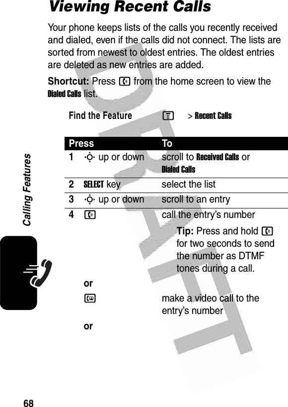  68Calling FeaturesViewing Recent CallsYour phone keeps lists of the calls you recently received and dialed, even if the calls did not connect. The lists are sorted from newest to oldest entries. The oldest entries are deleted as new entries are added.Shortcut: Press n from the home screen to view the Dialed Calls list.Find the FeatureM&gt;Recent CallsPress To1S up or down scroll to Received Calls or Dialed Calls2SELECT key select the list3S up or down scroll to an entry4ncall the entry’s numberTip: Press and hold n for two seconds to send the number as DTMF tones during a call.orqmake a video call to the entry’s numberor