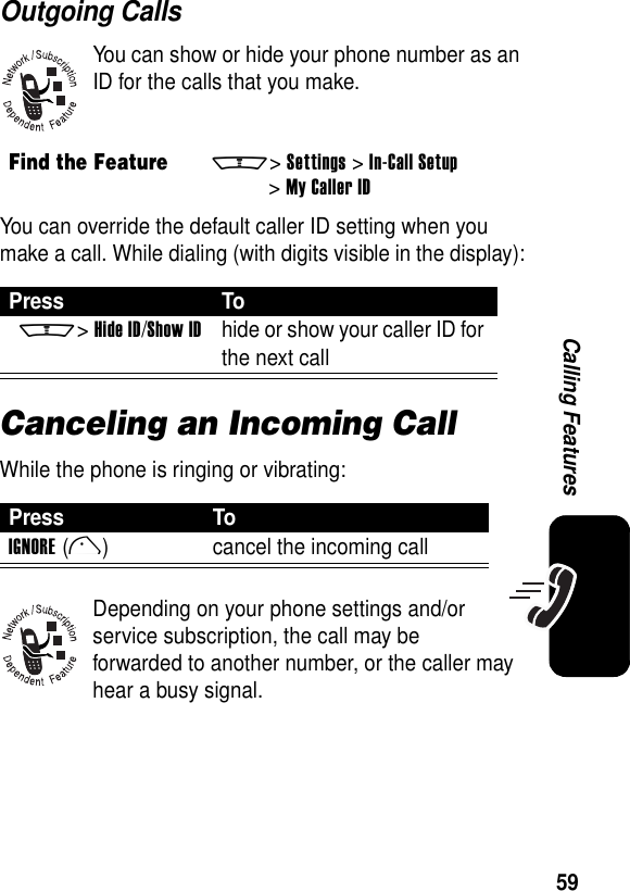 59Calling FeaturesOutgoing CallsYou can show or hide your phone number as an ID for the calls that you make.You can override the default caller ID setting when you make a call. While dialing (with digits visible in the display):Canceling an Incoming CallWhile the phone is ringing or vibrating:Depending on your phone settings and/or service subscription, the call may be forwarded to another number, or the caller may hear a busy signal.Find the Featurem&gt; Settings &gt;In-Call Setup &gt;My Caller IDPress Tom&gt;Hide ID/Show IDhide or show your caller ID for the next callPress ToIGNORE(l) cancel the incoming call