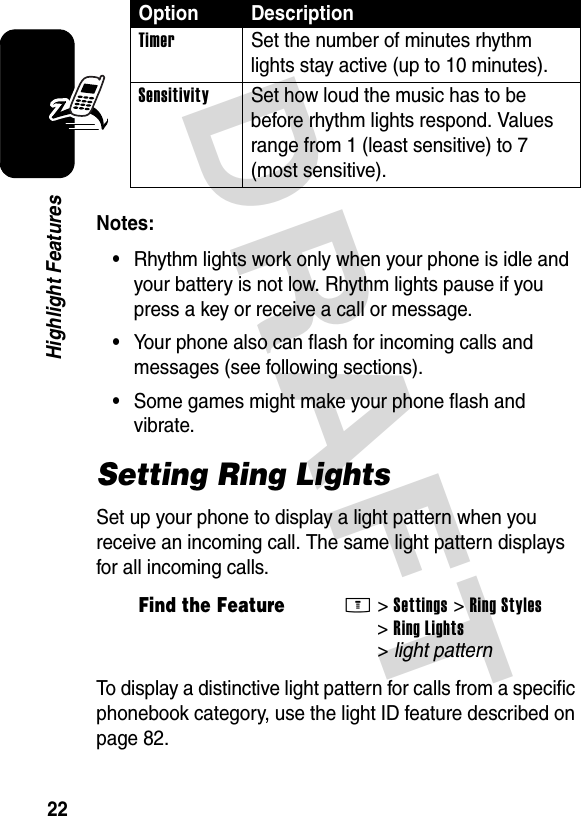 DRAFT 22Highlight FeaturesNotes: •Rhythm lights work only when your phone is idle and your battery is not low. Rhythm lights pause if you press a key or receive a call or message.•Your phone also can flash for incoming calls and messages (see following sections).•Some games might make your phone flash and vibrate.Setting Ring LightsSet up your phone to display a light pattern when you receive an incoming call. The same light pattern displays for all incoming calls.To display a distinctive light pattern for calls from a specific phonebook category, use the light ID feature described on page 82.Timer  Set the number of minutes rhythm lights stay active (up to 10 minutes).Sensitivity  Set how loud the music has to be before rhythm lights respond. Values range from 1 (least sensitive) to 7 (most sensitive).Find the FeatureM&gt;Settings &gt;Ring Styles &gt;Ring Lights &gt;light patternOption Description