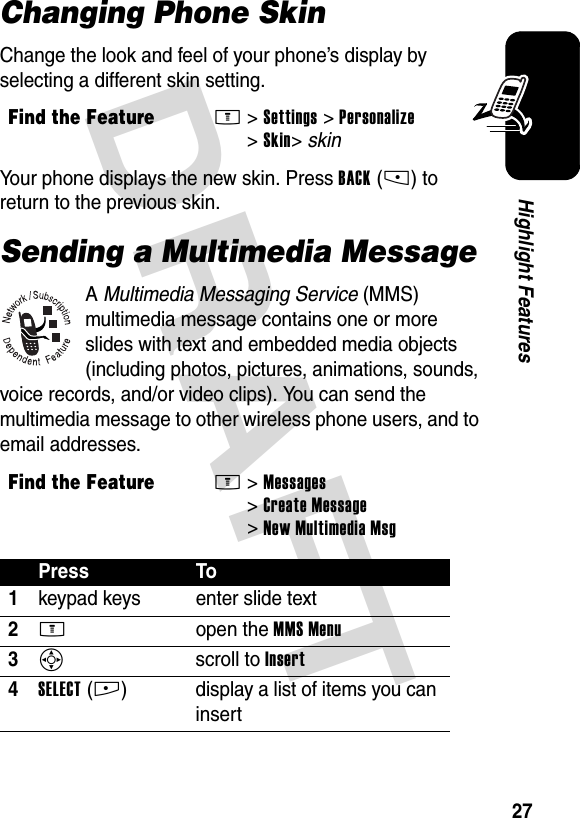 DRAFT 27Highlight FeaturesChanging Phone SkinChange the look and feel of your phone’s display by selecting a different skin setting.Your phone displays the new skin. Press BACK(-) to return to the previous skin.Sending a Multimedia MessageA Multimedia Messaging Service (MMS) multimedia message contains one or more slides with text and embedded media objects (including photos, pictures, animations, sounds, voice records, and/or video clips). You can send the multimedia message to other wireless phone users, and to email addresses.Find the FeatureM&gt;Settings &gt;Personalize &gt;Skin&gt;skinFind the FeatureM&gt;Messages &gt;Create Message &gt;New Multimedia MsgPress To1keypad keys enter slide text2M open the MMS Menu3S scroll to Insert4SELECT(+) display a list of items you can insert