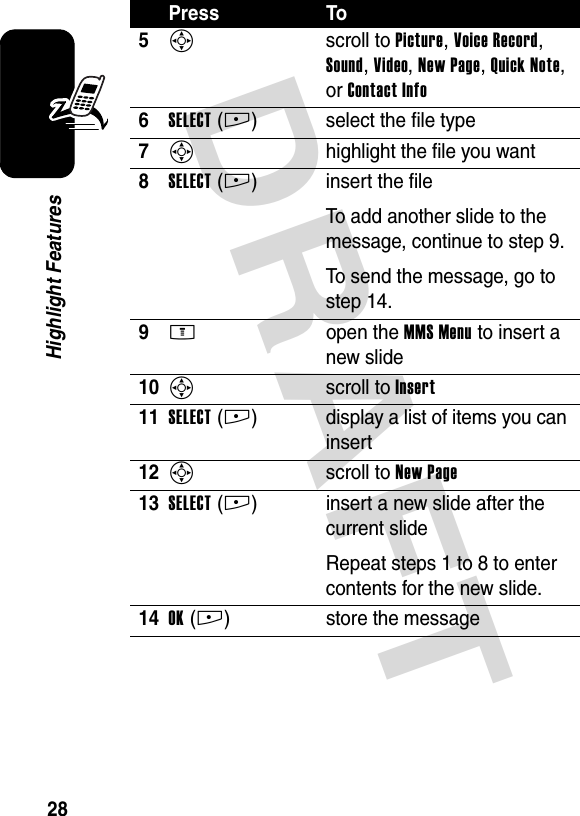 DRAFT 28Highlight Features5S scroll to Picture, Voice Record, Sound, Video, New Page, Quick Note, or Contact Info6SELECT(+) select the file type7S  highlight the file you want8SELECT(+) insert the fileTo add another slide to the message, continue to step 9.To send the message, go to step 14.9M open the MMS Menu to insert a new slide10S scroll to Insert11SELECT(+) display a list of items you can insert12S scroll to New Page13SELECT(+) insert a new slide after the current slideRepeat steps 1 to 8 to enter contents for the new slide.14OK(+) store the messagePress To