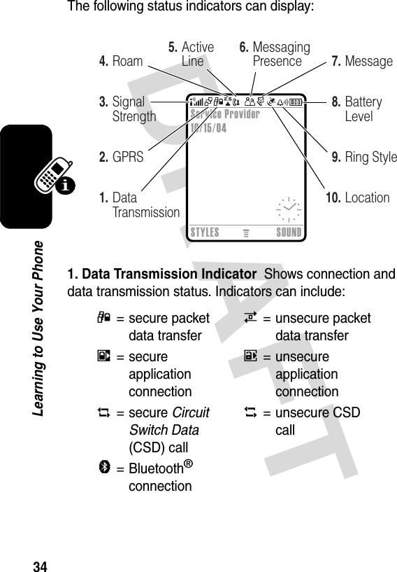 DRAFT 34Learning to Use Your PhoneThe following status indicators can display:1. Data Transmission Indicator  Shows connection and data transmission status. Indicators can include:4= secure packet data transfer7= unsecure packet data transfer3= secure application connection6= unsecure application connection2= secure Circuit Switch Data (CSD) call5= unsecure CSD callà=Bluetooth® connectionService Provider10/15/04STYLES SOUND3.Signal Strength8.Battery Level2.GPRS9.Ring Style1.Data Transmission10.Location6.Messaging Presence7.Message4.Roam5.Active Line