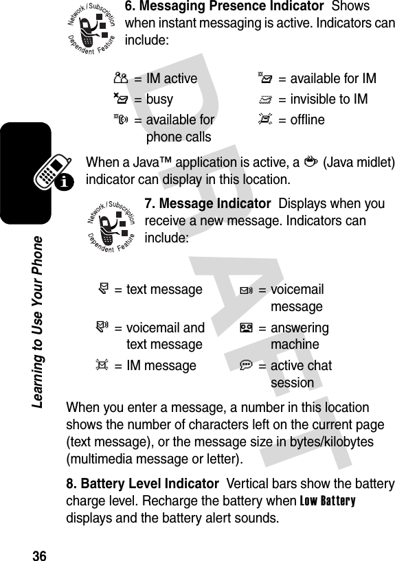 DRAFT 36Learning to Use Your Phone6. Messaging Presence Indicator  Shows when instant messaging is active. Indicators can include:When a Java™ application is active, a ` (Java midlet) indicator can display in this location.7. Message Indicator  Displays when you receive a new message. Indicators can include:When you enter a message, a number in this location shows the number of characters left on the current page (text message), or the message size in bytes/kilobytes (multimedia message or letter).8. Battery Level Indicator  Vertical bars show the battery charge level. Recharge the battery when Low Battery displays and the battery alert sounds.P=IM activeI=available for IM_=busyQ= invisible to IMJ= available for phone callsX=offliner= text messaget= voicemail messages= voicemail and text messageb= answering machined= IM messagea= active chat session 