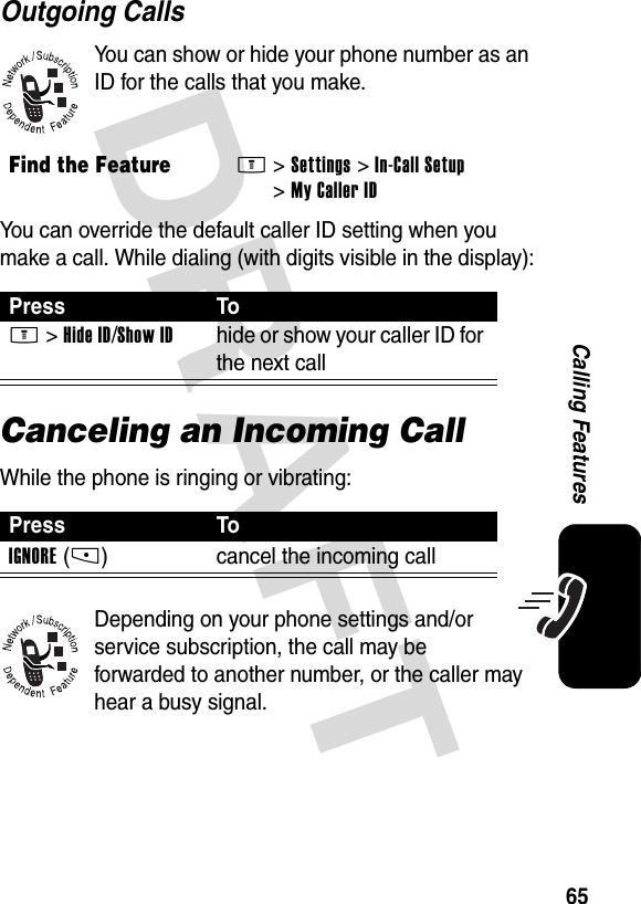 DRAFT 65Calling FeaturesOutgoing CallsYou can show or hide your phone number as an ID for the calls that you make.You can override the default caller ID setting when you make a call. While dialing (with digits visible in the display):Canceling an Incoming CallWhile the phone is ringing or vibrating:Depending on your phone settings and/or service subscription, the call may be forwarded to another number, or the caller may hear a busy signal.Find the FeatureM&gt; Settings &gt;In-Call Setup &gt;My Caller IDPress ToM &gt;Hide ID/Show IDhide or show your caller ID for the next callPress ToIGNORE(-) cancel the incoming call