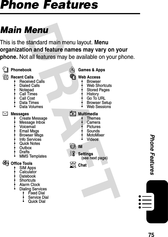 DRAFT 75Phone FeaturesPhone FeaturesMain MenuThis is the standard main menu layout. Menu organization and feature names may vary on your phone. Not all features may be available on your phone.nPhonebooksRecent Calls• Received Calls• Dialed Calls• Notepad• Call Times• Call Cost•Data Times•Data VolumeseMessages• Create Message• Message Inbox•Voicemail• Email Msgs•Browser Msgs• Info Services•Quick Notes•Outbox• Drafts• MMS TemplatesÉOffice Tools• SIM Apps•Calculator• Datebook• Shortcuts•Alarm Clock• Dialing Services•Fixed Dial• Service Dial•Quick DialQGames &amp; AppsáWeb Access•Browser• Web Shortcuts• Stored Pages•History•Go To URL• Browser Setup• Web SessionshMultimedia• Themes•Camera•Pictures• Sounds• MotoMixer•VideosãIMwSettings(see next page)KChat