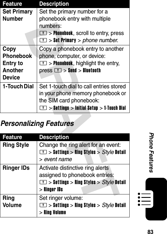 DRAFT 83Phone FeaturesPersonalizing FeaturesSet Primary Number Set the primary number for a phonebook entry with multiple numbers:M &gt;Phonebook, scroll to entry, press M &gt;Set Primary &gt; phone number.Copy Phonebook Entry to Another Device Copy a phonebook entry to another phone, computer, or device:M &gt;Phonebook, highlight the entry, press M &gt;Send &gt;Bluetooth1-Touch Dial  Set 1-touch dial to call entries stored in your phone memory phonebook or the SIM card phonebook:M &gt;Settings &gt;Initial Setup &gt;1-Touch DialFeature DescriptionRing Style  Change the ring alert for an event:M &gt;Settings &gt;Ring Styles &gt; StyleDetail &gt;event nameRinger IDs  Activate distinctive ring alerts assigned to phonebook entries:M &gt;Settings &gt;Ring Styles &gt; StyleDetail &gt;Ringer IDsRing Volume Set ringer volume:M &gt;Settings &gt;Ring Styles &gt; StyleDetail &gt;Ring VolumeFeature Description