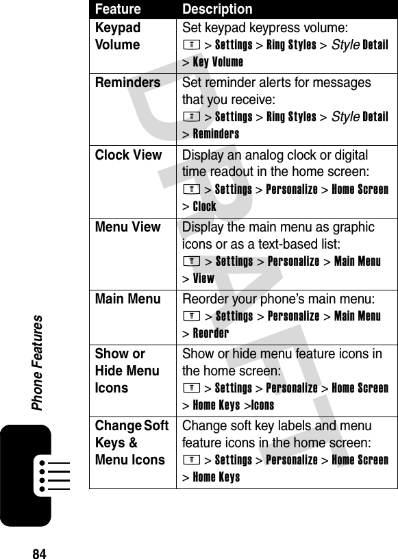 DRAFT 84Phone FeaturesKeypad Volume Set keypad keypress volume:M &gt;Settings &gt;Ring Styles &gt; StyleDetail &gt;Key VolumeReminders  Set reminder alerts for messages that you receive:M &gt;Settings &gt;Ring Styles &gt; StyleDetail &gt;RemindersClock View  Display an analog clock or digital time readout in the home screen:M &gt;Settings &gt;Personalize &gt;Home Screen &gt;ClockMenu View  Display the main menu as graphic icons or as a text-based list:M &gt;Settings &gt;Personalize &gt;Main Menu &gt;ViewMain Menu  Reorder your phone’s main menu:M &gt;Settings &gt;Personalize &gt;Main Menu &gt;ReorderShow or Hide Menu Icons Show or hide menu feature icons in the home screen:M &gt;Settings &gt;Personalize &gt;Home Screen &gt;Home Keys &gt;IconsChange Soft Keys &amp; Menu Icons Change soft key labels and menu feature icons in the home screen:M &gt;Settings &gt;Personalize &gt;Home Screen &gt;Home KeysFeature Description