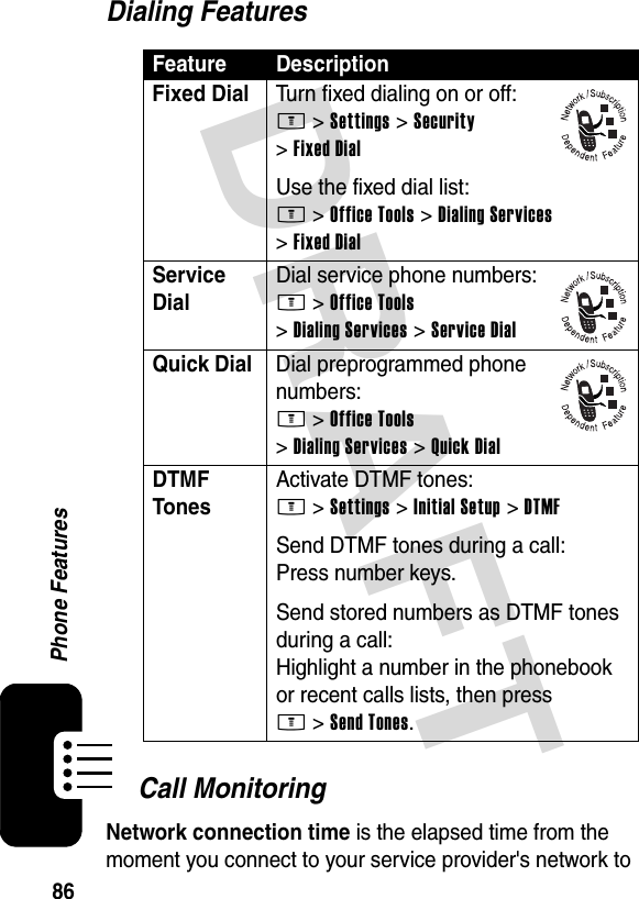 DRAFT 86Phone FeaturesDialing FeaturesCall MonitoringNetwork connection time is the elapsed time from the moment you connect to your service provider&apos;s network to Feature DescriptionFixed Dial  Turn fixed dialing on or off:M &gt;Settings &gt;Security &gt;Fixed DialUse the fixed dial list:M &gt;Office Tools &gt;Dialing Services &gt;Fixed DialService Dial Dial service phone numbers:M &gt;Office Tools &gt;Dialing Services &gt;Service DialQuick Dial Dial preprogrammed phone numbers:M &gt;Office Tools &gt;Dialing Services &gt;Quick DialDTMF Tones Activate DTMF tones:M &gt;Settings &gt;Initial Setup &gt;DTMFSend DTMF tones during a call:Press number keys.Send stored numbers as DTMF tones during a call:Highlight a number in the phonebook or recent calls lists, then press M&gt;Send Tones.