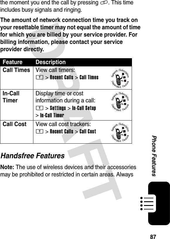 DRAFT 87Phone Featuresthe moment you end the call by pressing O. This time includes busy signals and ringing.The amount of network connection time you track on your resettable timer may not equal the amount of time for which you are billed by your service provider. For billing information, please contact your service provider directly.Handsfree FeaturesNote: The use of wireless devices and their accessories may be prohibited or restricted in certain areas. Always Feature DescriptionCall TimesView call timers:M &gt;Recent Calls &gt;Call TimesIn-Call TimerDisplay time or cost information during a call:M &gt;Settings &gt;In-Call Setup &gt;In-Call TimerCall CostView call cost trackers:M &gt;Recent Calls &gt;Call Cost