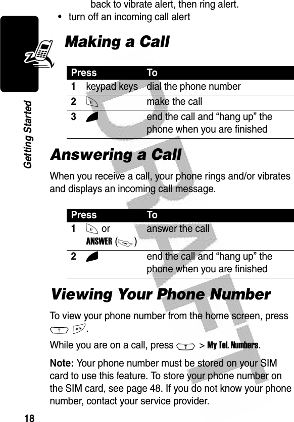 18Getting Started back to vibrate alert, then ring alert.•turn off an incoming call alertMaking a CallAnswering a CallWhen you receive a call, your phone rings and/or vibrates and displays an incoming call message.Viewing Your Phone NumberTo view your phone number from the home screen, press M #.While you are on a call, press M &gt; My Tel. Numbers.Note: Your phone number must be stored on your SIM card to use this feature. To store your phone number on the SIM card, see page 48. If you do not know your phone number, contact your service provider.Press To1keypad keys dial the phone number2Nmake the call3Oend the call and “hang up” the phone when you are finishedPress To1N or ANSWER (-)answer the call2Oend the call and “hang up” the phone when you are finished