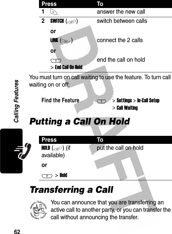 62Calling Features  You must turn on call waiting to use the feature. To turn call waiting on or off: Putting a Call On HoldTransferring a CallYou can announce that you are transferring an active call to another party, or you can transfer the call without announcing the transfer. Press To1Nanswer the new call2SWITCH (+)orswitch between callsLINK (-)orconnect the 2 callsM &gt; End Call On Holdend the call on hold Find the FeatureM&gt; Settings &gt; In-Call Setup &gt; Call WaitingPress ToHOLD (+) (if available)orM &gt; Holdput the call on hold032380o