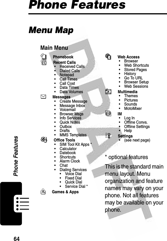 64Phone Features Phone FeaturesMenu MapMain Menu nPhonebooksRecent Calls• Received Calls• Dialed Calls• Notepad•Call Times•Call Cost• Data Times• Data Volumes eMessages• Create Message• Message Inbox•Voicemail• Browser Msgs• Info Services• Quick Notes• Outbox• Drafts• MMS TemplatesÉOffice Tools• SIM Tool Kit Apps *•Calculator• Datebook• Shortcuts•Alarm Clock• Chat• Dialing Services• Voice Dial• Fixed Dial• Quick Dial• Service Dial *QGames &amp; AppsáWeb Access•Browser• Web Shortcuts• Stored Pages•History•Go To URL• Browser Setup• Web SessionshMultimedia•Themes•Pictures• Sounds• MotoMixerãIM• Log In• Offline Convs.• Offline Settings•Helpw Settings• (see next page) * optional features This is the standard main menu layout. Menu organization and feature names may vary on your phone. Not all features may be available on your phone.