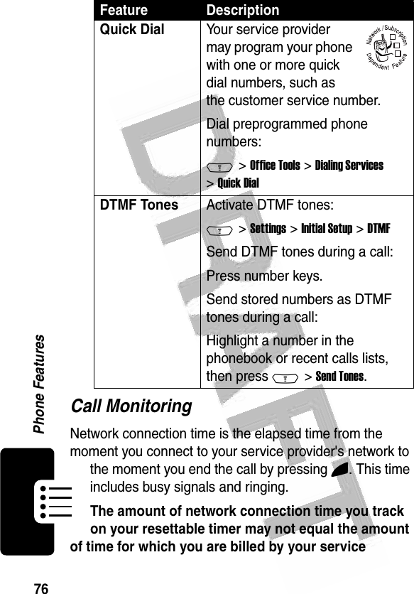 76Phone Features Call MonitoringNetwork connection time is the elapsed time from the moment you connect to your service provider&apos;s network to the moment you end the call by pressing O. This time includes busy signals and ringing.The amount of network connection time you track on your resettable timer may not equal the amount of time for which you are billed by your service Quick Dial Your service provider may program your phone with one or more quick dial numbers, such as the customer service number. Dial preprogrammed phone numbers:M &gt; Office Tools &gt; Dialing Services &gt; Quick DialDTMF Tones Activate DTMF tones:M &gt; Settings &gt; Initial Setup &gt; DTMFSend DTMF tones during a call:Press number keys.Send stored numbers as DTMF tones during a call:Highlight a number in the phonebook or recent calls lists, then press M &gt; Send Tones.Feature Description032380o