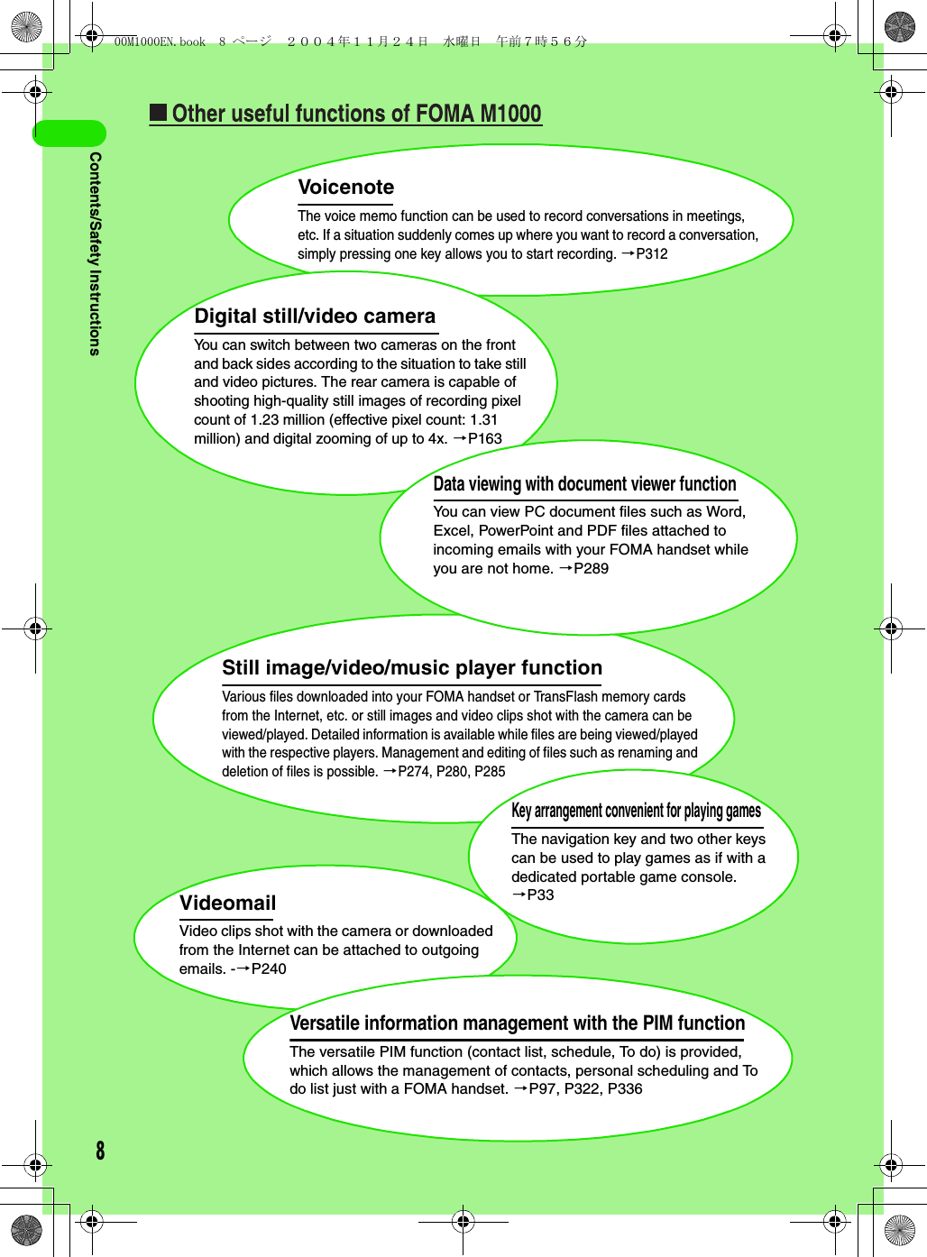 8Contents/Safety InstructionsVoicenoteThe voice memo function can be used to record conversations in meetings, etc. If a situation suddenly comes up where you want to record a conversation, simply pressing one key allows you to start recording. 3P312Still image/video/music player functionVarious files downloaded into your FOMA handset or TransFlash memory cards from the Internet, etc. or still images and video clips shot with the camera can be viewed/played. Detailed information is available while files are being viewed/played with the respective players. Management and editing of files such as renaming and deletion of files is possible. 3P274, P280, P285Key arrangement convenient for playing gamesThe navigation key and two other keys can be used to play games as if with a dedicated portable game console. 3P33VideomailVideo clips shot with the camera or downloaded from the Internet can be attached to outgoing emails. -3P240Versatile information management with the PIM functionThe versatile PIM function (contact list, schedule, To do) is provided, which allows the management of contacts, personal scheduling and To do list just with a FOMA handset. 3P97, P322, P336Digital still/video cameraYou can switch between two cameras on the front and back sides according to the situation to take still and video pictures. The rear camera is capable of shooting high-quality still images of recording pixel count of 1.23 million (effective pixel count: 1.31 million) and digital zooming of up to 4x. 3P163Data viewing with document viewer functionYou can view PC document files such as Word, Excel, PowerPoint and PDF files attached to incoming emails with your FOMA handset while you are not home. 3P28900M1000EN.book  8 ページ  ２００４年１１月２４日　水曜日　午前７時５６分