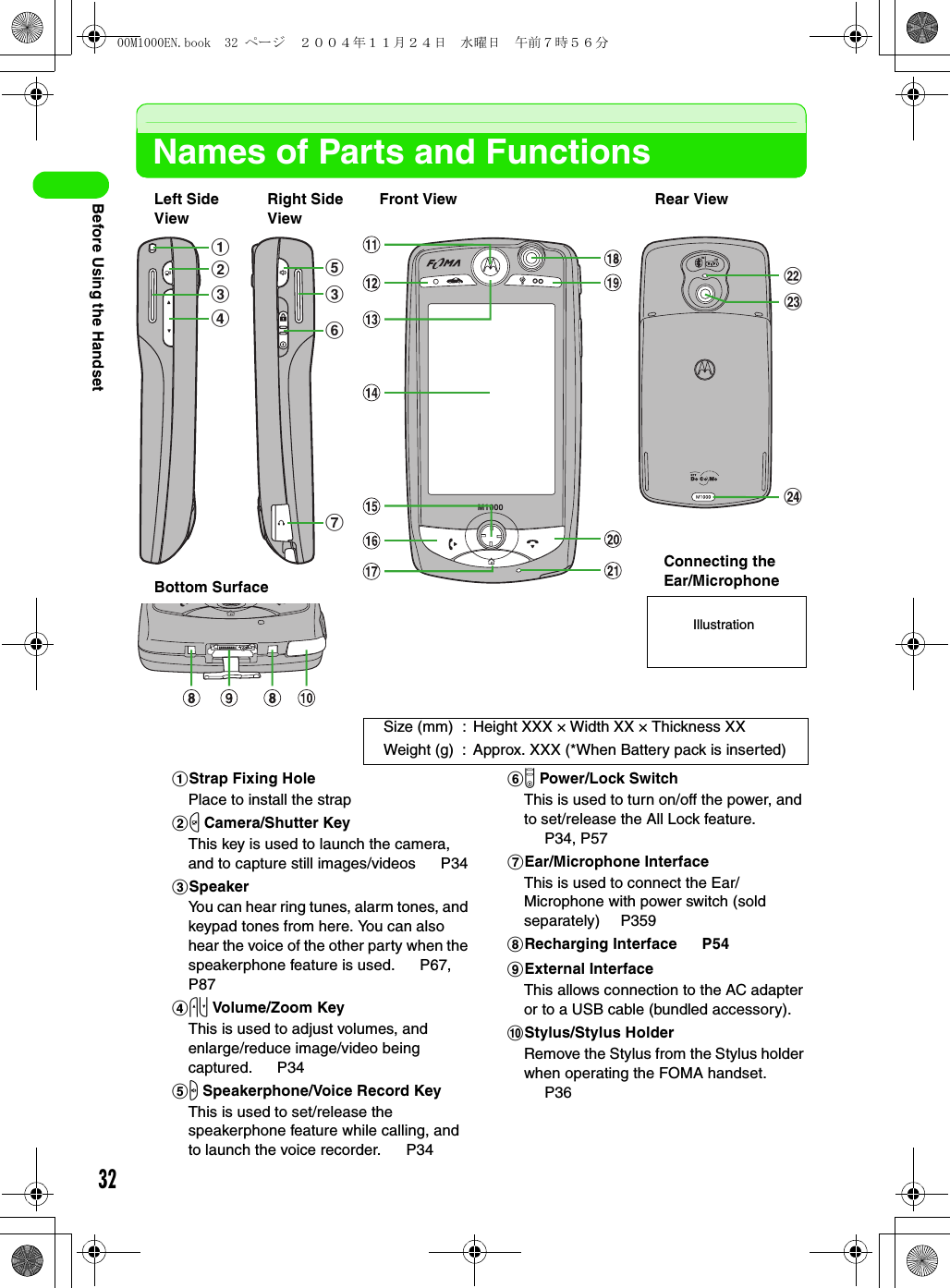 32Before Using the HandsetNames of Parts and FunctionsSize (mm) : Height XXX × Width XX × Thickness XXWeight (g) : Approx. XXX (*When Battery pack is inserted)aStrap Fixing HolePlace to install the strapbm Camera/Shutter KeyThis key is used to launch the camera, and to capture still images/videos   P34cSpeakerYou can hear ring tunes, alarm tones, and keypad tones from here. You can also hear the voice of the other party when the speakerphone feature is used.   P67, P87dud Volume/Zoom KeyThis is used to adjust volumes, and enlarge/reduce image/video being captured.  P34es Speakerphone/Voice Record KeyThis is used to set/release the speakerphone feature while calling, and to launch the voice recorder.   P34fp Power/Lock SwitchThis is used to turn on/off the power, and to set/release the All Lock feature.  P34, P57gEar/Microphone InterfaceThis is used to connect the Ear/Microphone with power switch (sold separately)  P359hRecharging Interface   P54iExternal InterfaceThis allows connection to the AC adapter or to a USB cable (bundled accessory).jStylus/Stylus HolderRemove the Stylus from the Stylus holder when operating the FOMA handset.  P36bacdecfgTM YMvxwLeft Side ViewRight Side ViewFront View Rear ViewBottom SurfaceConnecting the Ear/MicrophoneIllustration00M1000EN.book  32 ページ  ２００４年１１月２４日　水曜日　午前７時５６分
