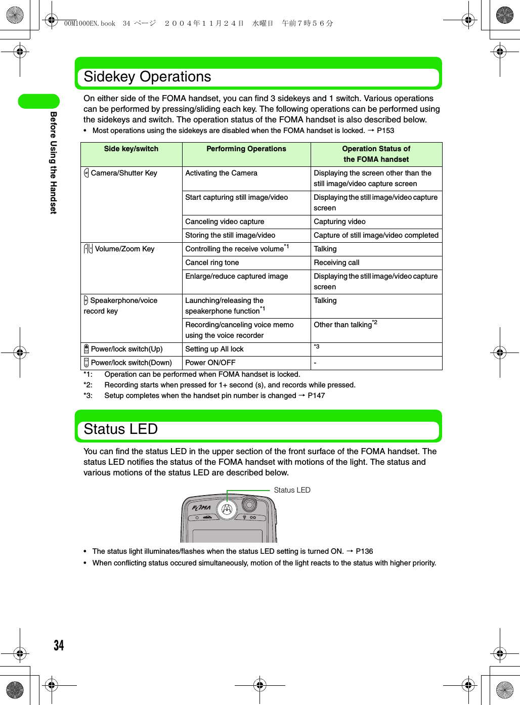 34Before Using the HandsetSidekey OperationsOn either side of the FOMA handset, you can find 3 sidekeys and 1 switch. Various operations can be performed by pressing/sliding each key. The following operations can be performed using the sidekeys and switch. The operation status of the FOMA handset is also described below.• Most operations using the sidekeys are disabled when the FOMA handset is locked. 3 P153*1: Operation can be performed when FOMA handset is locked.*2: Recording starts when pressed for 1+ second (s), and records while pressed.*3: Setup completes when the handset pin number is changed 3 P147Status LEDYou can find the status LED in the upper section of the front surface of the FOMA handset. The status LED notifies the status of the FOMA handset with motions of the light. The status and various motions of the status LED are described below.• The status light illuminates/flashes when the status LED setting is turned ON. 3 P136• When conflicting status occured simultaneously, motion of the light reacts to the status with higher priority.Side key/switch Performing Operations Operation Status of the FOMA handsetm Camera/Shutter Key Activating the Camera Displaying the screen other than the still image/video capture screenStart capturing  still image/video Displaying the still image/video capture screenCanceling video capture Capturing videoStoring the still image/video Capture of still image/video completedud Volume/Zoom Key Controlling the receive volume*1 TalkingCancel ring tone Receiving callEnlarge/reduce captured image Displaying the still image/video capture screens Speakerphone/voice record keyLaunching/releasing the speakerphone function*1TalkingRecording/canceling voice memo using the voice recorderOther than talking*2r Power/lock switch(Up) Setting up All lock *3p Power/lock switch(Down) Power ON/OFF -Status LED00M1000EN.book  34 ページ  ２００４年１１月２４日　水曜日　午前７時５６分