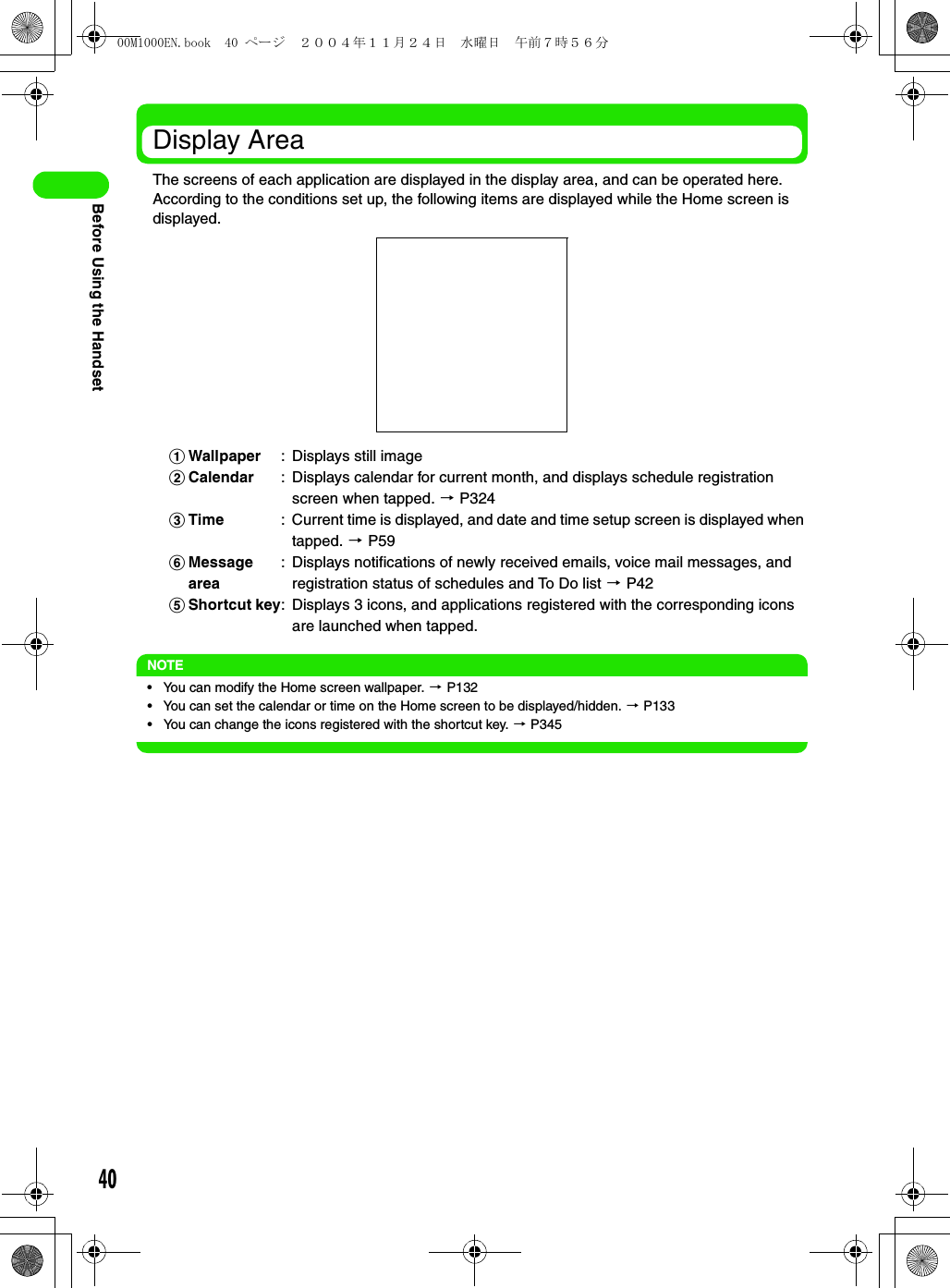 40Before Using the HandsetDisplay AreaThe screens of each application are displayed in the display area, and can be operated here. According to the conditions set up, the following items are displayed while the Home screen is displayed.NOTE• You can modify the Home screen wallpaper. 3 P132• You can set the calendar or time on the Home screen to be displayed/hidden. 3 P133• You can change the icons registered with the shortcut key. 3 P345aWallpaper : Displays still imagebCalendar : Displays calendar for current month, and displays schedule registration screen when tapped. 3 P324cTime : Current time is displayed, and date and time setup screen is displayed when tapped. 3 P59fMessage area: Displays notifications of newly received emails, voice mail messages, and registration status of schedules and To Do list 3 P42eShortcut key: Displays 3 icons, and applications registered with the corresponding icons are launched when tapped.00M1000EN.book  40 ページ  ２００４年１１月２４日　水曜日　午前７時５６分