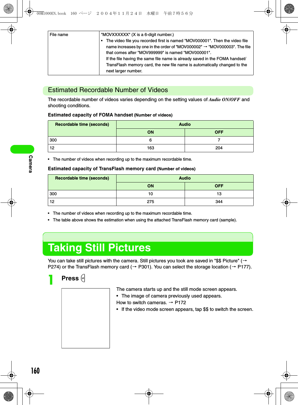 160CameraEstimated Recordable Number of VideosThe recordable number of videos varies depending on the setting values of Audio ON/OFF and shooting conditions.Estimated capacity of FOMA handset (Number of videos)• The number of videos when recording up to the maximum recordable time.Estimated capacity of TransFlash memory card (Number of videos)• The number of videos when recording up to the maximum recordable time.• The table above shows the estimation when using the attached TransFlash memory card (sample).Taking Still PicturesYou can take still pictures with the camera. Still pictures you took are saved in &quot;$$ Picture&quot; (3 P274) or the TransFlash memory card (3 P301). You can select the storage location (3 P177).aPress mFile name &quot;MOVXXXXXX&quot; (X is a 6-digit number.)• The video file you recorded first is named &quot;MOV000001&quot;. Then the video file name increases by one in the order of &quot;MOV000002&quot; 3 &quot;MOV000003&quot;. The file that comes after &quot;MOV999999&quot; is named &quot;MOV000001&quot;.If the file having the same file name is already saved in the FOMA handset/TransFlash memory card, the new file name is automatically changed to the next larger number.Recordable time (seconds) AudioON OFF300 6 712 163 204Recordable time (seconds) AudioON OFF300 10 1312 275 344The camera starts up and the still mode screen appears.• The image of camera previously used appears.How to switch cameras. 3 P172• If the video mode screen appears, tap $$ to switch the screen.00M1000EN.book  160 ページ  ２００４年１１月２４日　水曜日　午前７時５６分