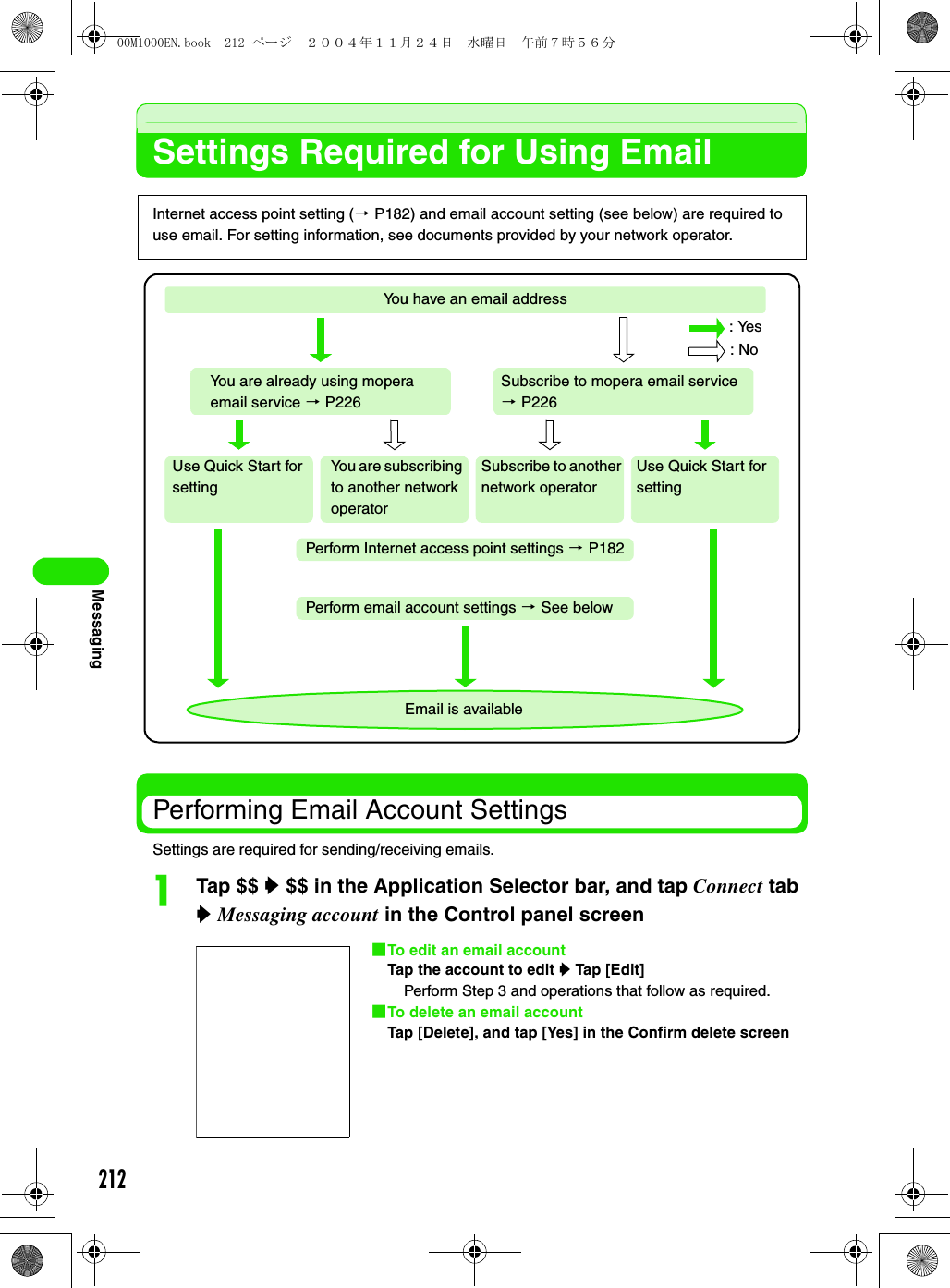 212MessagingSettings Required for Using EmailPerforming Email Account SettingsSettings are required for sending/receiving emails.aTap $$ y $$ in the Application Selector bar, and tap Connect tab y Messaging account in the Control panel screen1To edit an email accountTap the account to edit y Tap [Edit]Perform Step 3 and operations that follow as required.1To delete an email accountTap [Delete], and tap [Yes] in the Confirm delete screenInternet access point setting (3 P182) and email account setting (see below) are required to use email. For setting information, see documents provided by your network operator.You have an email address: Yes: NoYou are already using mopera email service 3 P226Subscribe to mopera email service 3 P226Use Quick Start for settingYou are subscribing to another network operatorSubscribe to another network operatorUse Quick Start for settingPerform Internet access point settings 3 P182Perform email account settings 3 See belowEmail is available00M1000EN.book  212 ページ  ２００４年１１月２４日　水曜日　午前７時５６分