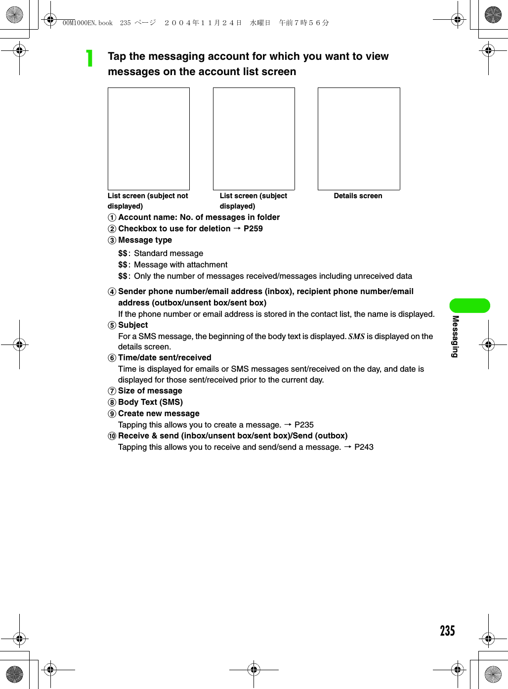 235MessagingaTap the messaging account for which you want to view messages on the account list screenaAccount name: No. of messages in folderbCheckbox to use for deletion 3 P259cMessage typedSender phone number/email address (inbox), recipient phone number/email address (outbox/unsent box/sent box)If the phone number or email address is stored in the contact list, the name is displayed.eSubjectFor a SMS message, the beginning of the body text is displayed. SMS is displayed on the details screen.fTime/date sent/receivedTime is displayed for emails or SMS messages sent/received on the day, and date is displayed for those sent/received prior to the current day.gSize of messagehBody Text (SMS)iCreate new messageTapping this allows you to create a message. 3 P235jReceive &amp; send (inbox/unsent box/sent box)/Send (outbox)Tapping this allows you to receive and send/send a message. 3 P243$$: Standard message$$: Message with attachment$$: Only the number of messages received/messages including unreceived dataList screen (subject not displayed)List screen (subject displayed)Details screen00M1000EN.book  235 ページ  ２００４年１１月２４日　水曜日　午前７時５６分