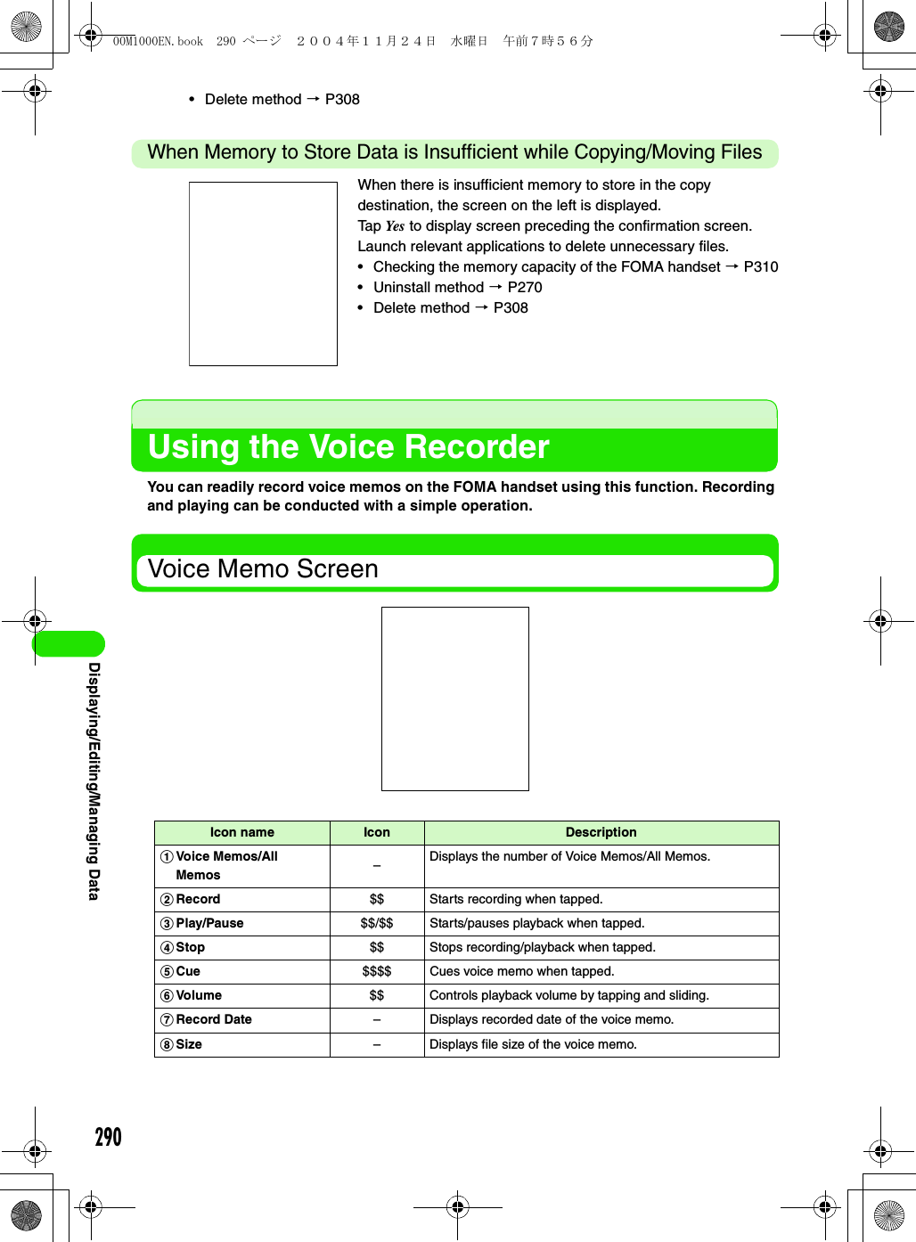 290Displaying/Editing/Managing Data• Delete method 3 P308When Memory to Store Data is Insufficient while Copying/Moving FilesUsing the Voice RecorderYou can readily record voice memos on the FOMA handset using this function. Recording and playing can be conducted with a simple operation.Voice Memo ScreenWhen there is insufficient memory to store in the copy destination, the screen on the left is displayed.Tap Yes  to display screen preceding the confirmation screen.Launch relevant applications to delete unnecessary files.• Checking the memory capacity of the FOMA handset 3 P310• Uninstall method 3 P270• Delete method 3 P308Icon name Icon DescriptionaVoice Memos/All Memos –Displays the number of Voice Memos/All Memos.bRecord $$ Starts recording when tapped.cPlay/Pause $$/$$ Starts/pauses playback when tapped.dStop $$ Stops recording/playback when tapped.eCue $$$$ Cues voice memo when tapped.fVolume $$ Controls playback volume by tapping and sliding.gRecord Date – Displays recorded date of the voice memo.hSize – Displays file size of the voice memo.00M1000EN.book  290 ページ  ２００４年１１月２４日　水曜日　午前７時５６分