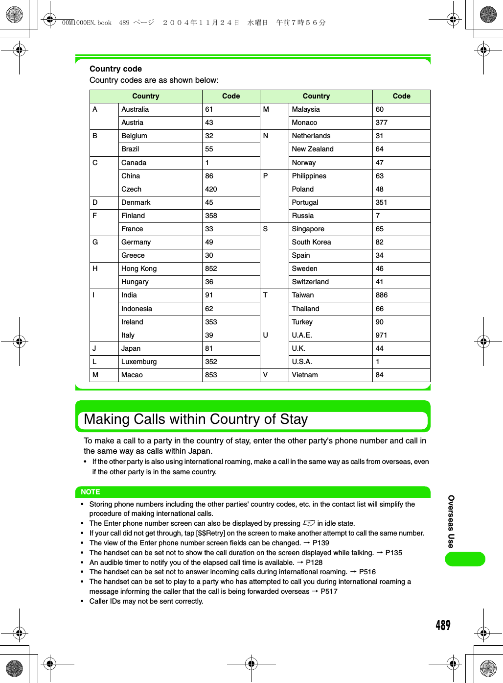 489Overseas UseCountry codeCountry codes are as shown below:Making Calls within Country of StayTo make a call to a party in the country of stay, enter the other party&apos;s phone number and call in the same way as calls within Japan.• If the other party is also using international roaming, make a call in the same way as calls from overseas, even if the other party is in the same country. NOTE• Storing phone numbers including the other parties&apos; country codes, etc. in the contact list will simplify the procedure of making international calls.• The Enter phone number screen can also be displayed by pressing e in idle state.• If your call did not get through, tap [$$Retry] on the screen to make another attempt to call the same number.• The view of the Enter phone number screen fields can be changed. 3 P139• The handset can be set not to show the call duration on the screen displayed while talking. 3 P135• An audible timer to notify you of the elapsed call time is available. 3 P128• The handset can be set not to answer incoming calls during international roaming. 3 P516• The handset can be set to play to a party who has attempted to call you during international roaming a message informing the caller that the call is being forwarded overseas 3 P517• Caller IDs may not be sent correctly.Country Code Country CodeA Australia 61 M Malaysia 60Austria 43 Monaco 377B Belgium 32 N Netherlands 31Brazil 55 New Zealand  64C Canada 1 Norway  47China 86 P Philippines 63Czech 420 Poland 48D Denmark 45 Portugal 351F Finland 358 Russia 7France 33 S Singapore 65G Germany 49 South Korea 82Greece 30 Spain  34H Hong Kong 852 Sweden  46Hungary 36 Switzerland 41I India 91 T Taiwan 886Indonesia 62 Thailand 66Ireland 353 Turkey  90Italy 39 U U.A.E. 971J Japan 81 U.K. 44L Luxemburg 352 U.S.A. 1M Macao 853 V Vietnam 8400M1000EN.book  489 ページ  ２００４年１１月２４日　水曜日　午前７時５６分