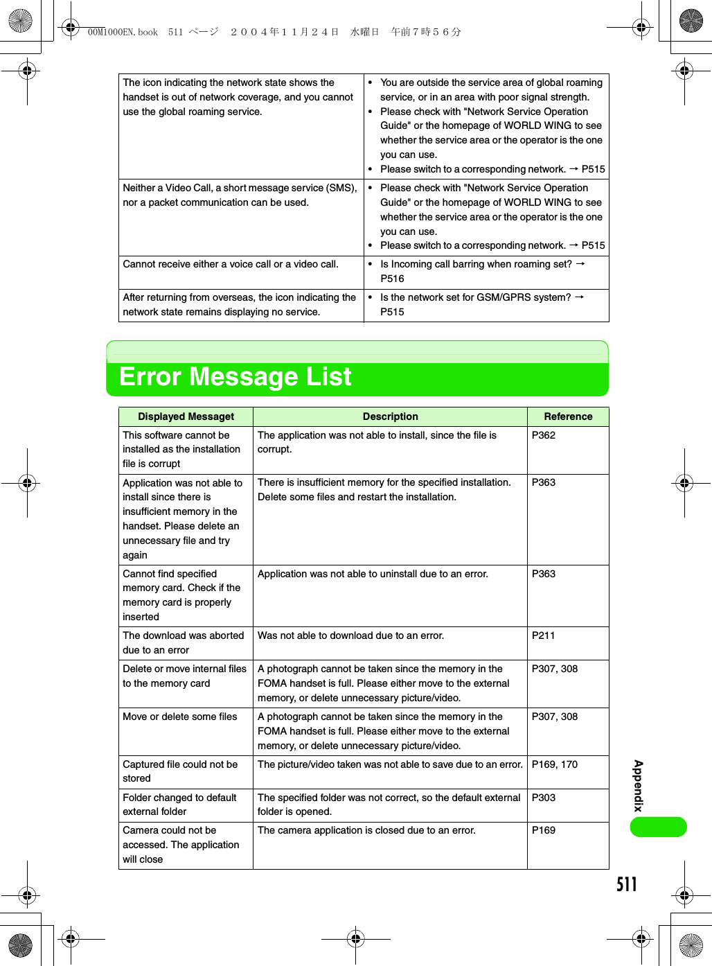 511AppendixError Message ListThe icon indicating the network state shows the handset is out of network coverage, and you cannot use the global roaming service.• You are outside the service area of global roaming service, or in an area with poor signal strength.• Please check with &quot;Network Service Operation Guide&quot; or the homepage of WORLD WING to see whether the service area or the operator is the one you can use.• Please switch to a corresponding network. 3 P515Neither a Video Call, a short message service (SMS), nor a packet communication can be used.• Please check with &quot;Network Service Operation Guide&quot; or the homepage of WORLD WING to see whether the service area or the operator is the one you can use.• Please switch to a corresponding network. 3 P515Cannot receive either a voice call or a video call. • Is Incoming call barring when roaming set? 3 P516After returning from overseas, the icon indicating the network state remains displaying no service.• Is the network set for GSM/GPRS system? 3 P515Displayed Messaget Description ReferenceThis software cannot be installed as the installation file is corruptThe application was not able to install, since the file is corrupt.P362Application was not able to install since there is insufficient memory in the handset. Please delete an unnecessary file and try againThere is insufficient memory for the specified installation. Delete some files and restart the installation.P363Cannot find specified memory card. Check if the memory card is properly insertedApplication was not able to uninstall due to an error. P363The download was aborted due to an errorWas not able to download due to an error. P211Delete or move internal files to the memory cardA photograph cannot be taken since the memory in the FOMA handset is full. Please either move to the external memory, or delete unnecessary picture/video.P307, 308Move or delete some files A photograph cannot be taken since the memory in the FOMA handset is full. Please either move to the external memory, or delete unnecessary picture/video.P307, 308Captured file could not be storedThe picture/video taken was not able to save due to an error. P169, 170Folder changed to default external folderThe specified folder was not correct, so the default external folder is opened.P303Camera could not be accessed. The application will closeThe camera application is closed due to an error. P16900M1000EN.book  511 ページ  ２００４年１１月２４日　水曜日　午前７時５６分