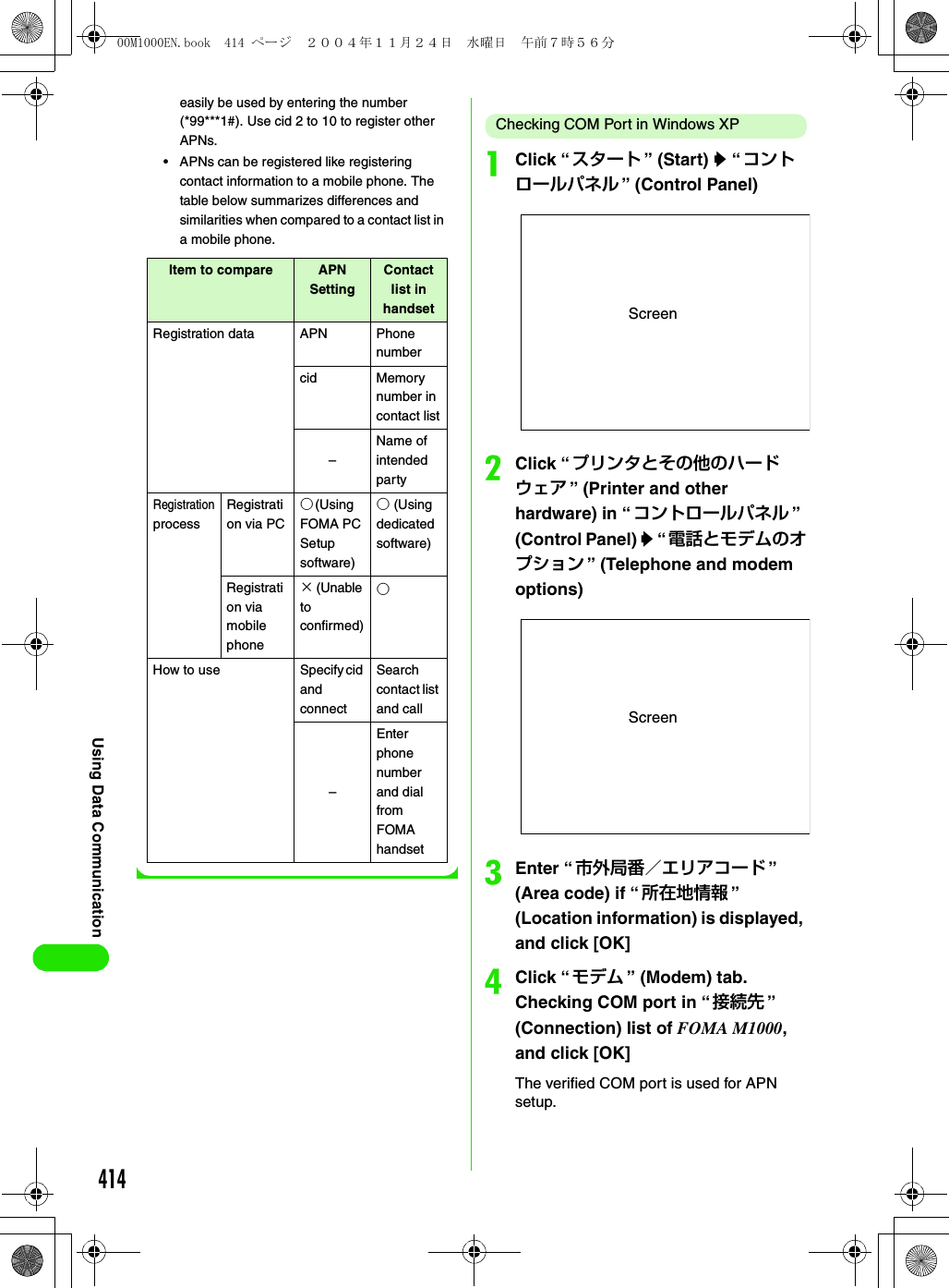 414Using Data Communicationeasily be used by entering the number (*99***1#). Use cid 2 to 10 to register other APNs.• APNs can be registered like registering contact information to a mobile phone. The table below summarizes differences and similarities when compared to a contact list in a mobile phone.Checking COM Port in Windows XPaClick “スタート ” (Start) y “ コントロールパネル ” (Control Panel)bClick “プリンタとその他のハードウェア ” (Printer and other hardware) in “コントロールパネル ” (Control Panel) y “ 電話とモデムのオプション ” (Telephone and modem options)cEnter “ 市外局番／エリアコード ” (Area code) if “ 所在地情報 ” (Location information) is displayed, and click [OK]dClick “モデム ” (Modem) tab. Checking COM port in “接続先 ” (Connection) list of FOMA M1000, and click [OK]The verified COM port is used for APN setup.Item to compare APN SettingContact list in handsetRegistration data APN Phone numbercid Memory number in contact list–Name of intended partyRegistration processRegistration via PC○(Using FOMA PC Setup software)○ (Using dedicated software)Registration via mobile phone× (Unable to confirmed)○How to use Specify cid and connectSearch contact list and call–Enter phone number and dial from FOMA handsetScreenScreen00M1000EN.book  414 ページ  ２００４年１１月２４日　水曜日　午前７時５６分