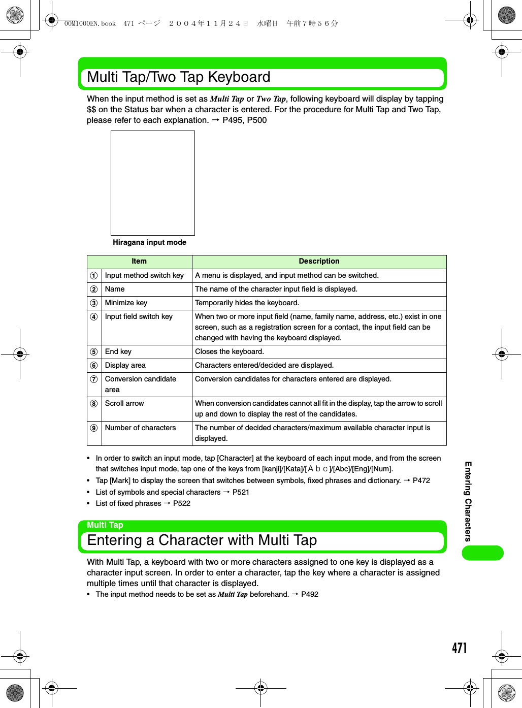 471Entering CharactersMulti Tap/Two Tap KeyboardWhen the input method is set as Multi Tap or Two Tap, following keyboard will display by tapping $$ on the Status bar when a character is entered. For the procedure for Multi Tap and Two Tap, please refer to each explanation. 3 P495, P500• In order to switch an input mode, tap [Character] at the keyboard of each input mode, and from the screen that switches input mode, tap one of the keys from [kanji]/[Kata]/[Ａｂｃ]/[Abc]/[Eng]/[Num].• Tap [Mark] to display the screen that switches between symbols, fixed phrases and dictionary. 3 P472• List of symbols and special characters 3 P521• List of fixed phrases 3 P522Multi TapEntering a Character with Multi TapWith Multi Tap, a keyboard with two or more characters assigned to one key is displayed as a character input screen. In order to enter a character, tap the key where a character is assigned multiple times until that character is displayed. • The input method needs to be set as Multi Tap beforehand. 3 P492Item DescriptionaInput method switch key A menu is displayed, and input method can be switched.bName The name of the character input field is displayed.cMinimize key  Temporarily hides the keyboard.dInput field switch key When two or more input field (name, family name, address, etc.) exist in one screen, such as a registration screen for a contact, the input field can be changed with having the keyboard displayed. eEnd key Closes the keyboard. fDisplay area Characters entered/decided are displayed.gConversion candidate areaConversion candidates for characters entered are displayed.hScroll arrow When conversion candidates cannot all fit in the display, tap the arrow to scroll up and down to display the rest of the candidates. iNumber of characters The number of decided characters/maximum available character input is displayed.Hiragana input mode00M1000EN.book  471 ページ  ２００４年１１月２４日　水曜日　午前７時５６分
