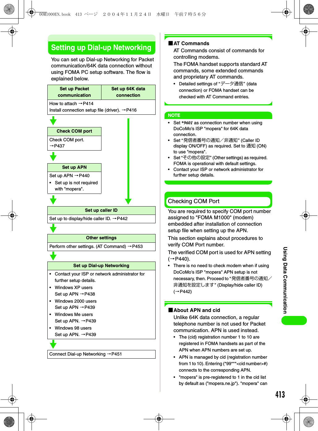 413Using Data CommunicationSetting up Dial-up NetworkingYou can set up Dial-up Networking for Packet communication/64K data connection without using FOMA PC setup software. The flow is explained below.1AT CommandsAT Commands consist of commands for controlling modems.The FOMA handset supports standard AT commands, some extended commands and proprietary AT commands.• Detailed settings of “データ通信” (data connection) or FOMA handset can be checked with AT Command entries.NOTE•Set *9601 as connection number when using DoCoMo&apos;s ISP &quot;mopera&quot; for 64K data connection. •Set “発信者番号の通知／非通知 ” (Caller ID display ON/OFF) as required. Set to 通知 (ON) to use &quot;mopera&quot;.•Set “その他の設定” (Other settings) as required. FOMA is operational with default settings.• Contact your ISP or network administrator for further setup details.Checking COM PortYou are required to specify COM port number assigned to &quot;FOMA M1000&quot; (modem) embedded after installation of connection setup file when setting up the APN. This section explains about procedures to verify COM Port number.The verified COM port is used for APN setting (3P440).• There is no need to check modem when if using DoCoMo&apos;s ISP &quot;mopera&quot; APN setup is not necessary, then. Proceed to “ 発信者番号の通知／非通知を設定します” (Display/hide caller ID) (3P442)1About APN and cidUnlike 64K data connection, a regular telephone number is not used for Packet communication. APN is used instead.• The (cid) registration number 1 to 10 are registered in FOMA handsets as part of the APN when APN numbers are set up.• APN is managed by cid (registration number from 1 to 10). Entering (*99***&lt;cid number&gt;#) connects to the corresponding APN.• &quot;mopera&quot; is pre-registered to 1 in the cid list by default as (&quot;mopera.ne.jp&quot;). &quot;mopera&quot; can Set up Packet communicationSet up 64K data connectionHow to attach 3P414Install connection setup file (driver). 3P416Check COM portCheck COM port. 3P437Set up APNSet up APN 3P440• Set up is not required with &quot;mopera&quot;.Set up caller IDSet up to display/hide caller ID. 3P442Other settingsPerform other settings. (AT Command) 3P453Set up Dial-up Networking• Contact your ISP or network administrator for further setup details.• Windows XP usersSet up APN 3P438• Windows 2000 usersSet up APN 3P439• Windows Me usersSet up APN. 3P439• Windows 98 usersSet up APN. 3P439Connect Dial-up Networking 3P45100M1000EN.book  413 ページ  ２００４年１１月２４日　水曜日　午前７時５６分