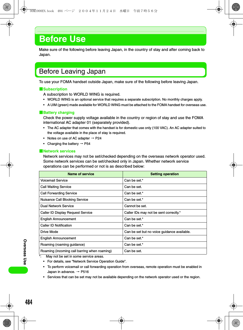 484Overseas Use  Before UseMake sure of the following before leaving Japan, in the country of stay and after coming back to Japan.Before Leaving JapanTo use your FOMA handset outside Japan, make sure of the following before leaving Japan.1SubscriptionA subscription to WORLD WING is required.• WORLD WING is an optional service that requires a separate subscription. No monthly charges apply.• A UIM (green) made available for WORLD WING must be attached to the FOMA handset for overseas use.1Battery chargingCheck the power supply voltage available in the country or region of stay and use the FOMA international AC adapter 01 (separately provided).• The AC adapter that comes with the handset is for domestic use only (100 VAC). An AC adapter suited to the voltage available in the place of stay is required.• Notes on use of AC adapter 3 P24• Charging the battery 3 P541Network servicesNetwork services may not be set/checked depending on the overseas network operator used. Some network services can be set/checked only in Japan. Whether network service operations can be performed or not is as described below:*: May not be set in some service areas.• For details, see &quot;Network Service Operation Guide&quot;.• To perform voicemail or call forwarding operation from overseas, remote operation must be enabled in Japan in advance. 3 P516• Services that can be set may not be available depending on the network operator used or the region.Name of service Setting operationVoicemail Service Can be set.*Call Waiting Service Can be set.Call Forwarding Service Can be set.*Nuisance Call Blocking Service Can be set.*Dual Network Service Cannot be set.Caller ID Display Request Service Caller IDs may not be sent correctly.*English Announcement Can be set.*Caller ID Notification Can be set.*Drive Mode Can be set but no voice guidance available.English Announcement Can be set.*Roaming (roaming guidance) Can be set.*Roaming (incoming call barring when roaming) Can be set.00M1000EN.book  484 ページ  ２００４年１１月２４日　水曜日　午前７時５６分