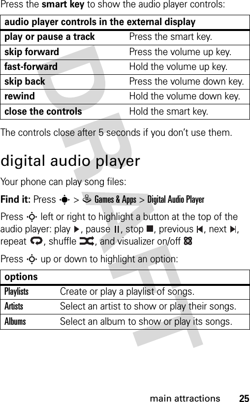 25main attractionsPress the smart key to show the audio player controls:The controls close after 5 seconds if you don’t use them.digital audio playerYour phone can play song files:Find it: Press s&gt;QGames &amp; Apps &gt;Digital Audio PlayerPress S left or right to highlight a button at the top of the audio player: play , pause , stop , previous , next , repeat , shuffle , and visualizer on/offPress S up or down to highlight an option:audio player controls in the external displayplay or pause a trackPress the smart key.skip forwardPress the volume up key.fast-forwardHold the volume up key.skip backPress the volume down key.rewindHold the volume down key.close the controlsHold the smart key.optionsPlaylistsCreate or play a playlist of songs.ArtistsSelect an artist to show or play their songs.AlbumsSelect an album to show or play its songs.