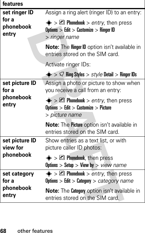 68other featuresset ringer ID for a phonebook entryAssign a ring alert (ringer ID) to an entry:s&gt;nPhonebook &gt; entry, then press Options&gt;Edit &gt;Customize &gt;Ringer ID &gt;ringer nameNote: The Ringer ID option isn’t available in entries stored on the SIM card.Activate ringer IDs:s&gt;tRing Styles &gt; styleDetail &gt;Ringer IDsset picture ID for a phonebook entryAssign a photo or picture to show when you receive a call from an entry:s&gt;nPhonebook &gt; entry, then press Options&gt;Edit &gt;Customize &gt;Picture &gt;picture nameNote: The Picture option isn’t available in entries stored on the SIM card.set picture ID view for phonebookShow entries as a text list, or with picture caller ID photos:s&gt;nPhonebook, then press Options&gt;Setup&gt;View by &gt; view nameset category for a phonebook entrys&gt;nPhonebook &gt; entry, then press Options&gt;Edit&gt;Category &gt; category nameNote: The Category option isn’t available in entries stored on the SIM card.features