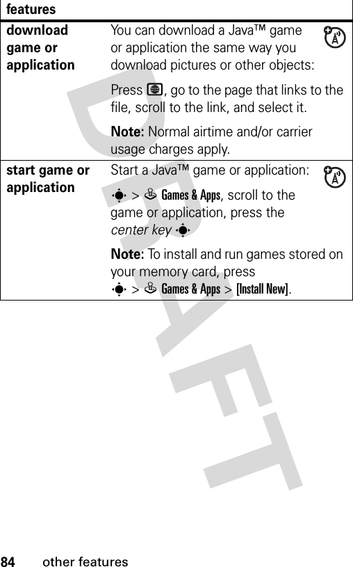 84other featuresdownload game or applicationYou can download a Java™ game or application the same way you download pictures or other objects:Press L, go to the page that links to the file, scroll to the link, and select it.Note: Normal airtime and/or carrier usage charges apply.start game or application Start a Java™ game or application:s&gt;QGames &amp; Apps, scroll to the game or application, press the center keysNote: To install and run games stored on your memory card, press s&gt;QGames &amp; Apps &gt;[Install New]. features