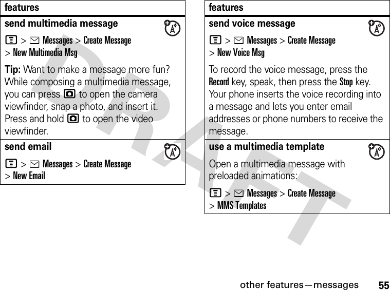 55other features—messagessend multimedia messageM&gt;eMessages &gt;Create Message &gt;New Multimedia MsgTip: Want to make a message more fun? While composing a multimedia message, you can press j to open the camera viewfinder, snap a photo, and insert it. Press and hold j to open the video viewfinder.send emailM&gt;eMessages &gt;Create Message &gt;New Emailfeaturessend voice messageM&gt;eMessages &gt;Create Message &gt;New Voice MsgTo record the voice message, press the Record key, speak, then press the Stop key. Your phone inserts the voice recording into a message and lets you enter email addresses or phone numbers to receive the message. use a multimedia templateOpen a multimedia message with preloaded animations:M&gt;eMessages &gt;Create Message &gt;MMS Templatesfeatures