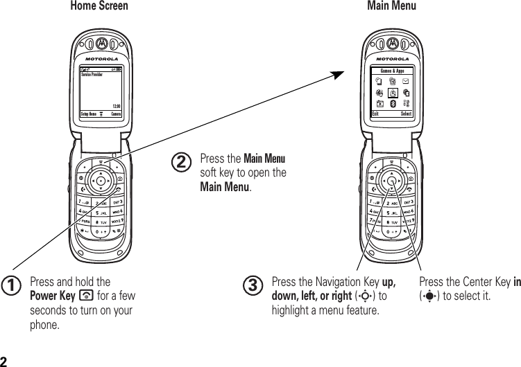 2Home Screen Main MenuPress and hold the Power Key u for a few seconds to turn on your phone.1Press the Navigation Key up, down, left, or right (S) to highlight a menu feature.Press the Center Key in (s) to select it.3Press the Main Menusoft key to open theMain Menu.2 Games &amp; AppsExit SelectService Provider12:00Setup Home Camera