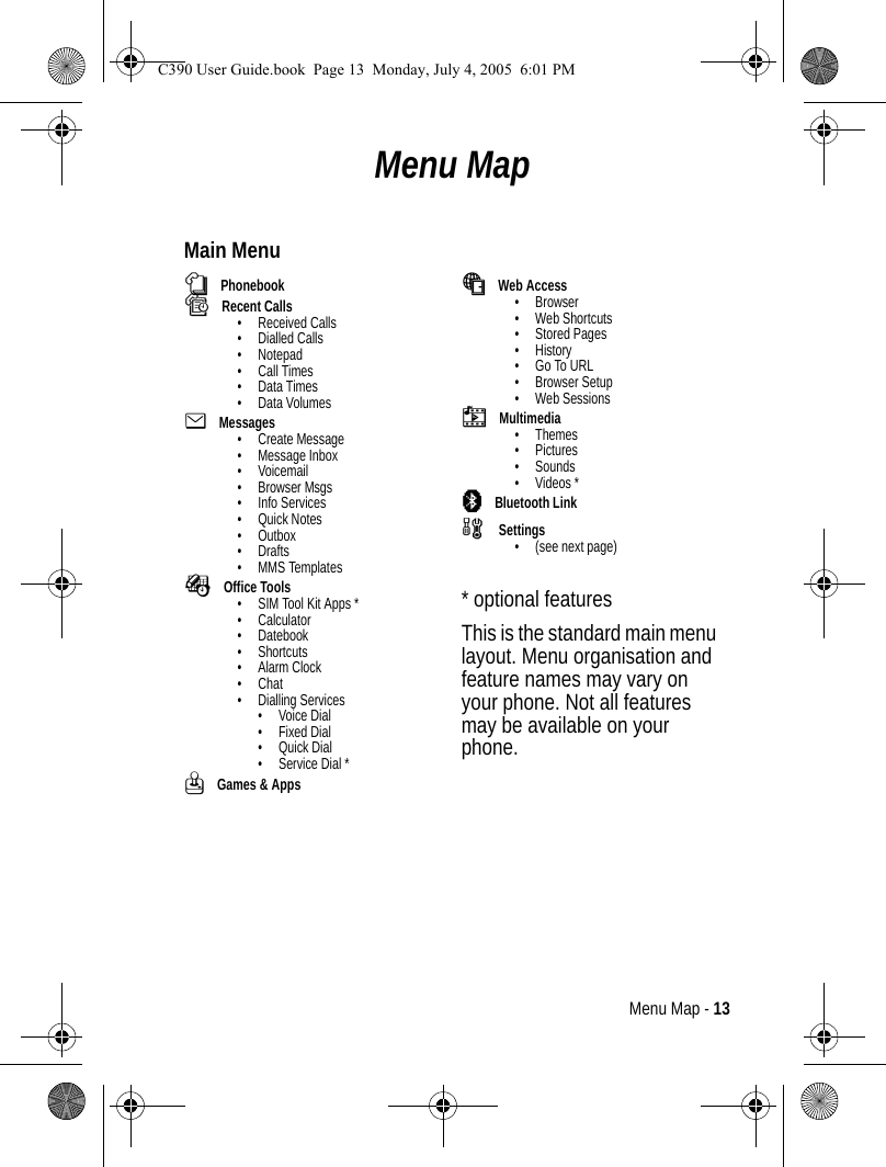 Menu Map - 13Menu MapMain Menun Phonebooks Recent Calls• Received Calls• Dialled Calls• Notepad• Call Times•Data Times•Data Volumes e Messages• Create Message• Message Inbox•Voicemail•Browser Msgs• Info Services• Quick Notes• Outbox• Drafts• MMS TemplatesÉ Office Tools• SIM Tool Kit Apps *•Calculator• Datebook• Shortcuts•Alarm Clock•Chat• Dialling Services• Voice Dial• Fixed Dial•Quick Dial• Service Dial *Q Games &amp; Appsá Web Access•Browser• Web Shortcuts• Stored Pages•History•Go To URL• Browser Setup• Web Sessionsh Multimedia•Themes•Pictures• Sounds• Videos *à Bluetooth Linkw  Settings• (see next page)* optional features This is the standard main menu layout. Menu organisation and feature names may vary on your phone. Not all features may be available on your phone.C390 User Guide.book  Page 13  Monday, July 4, 2005  6:01 PM