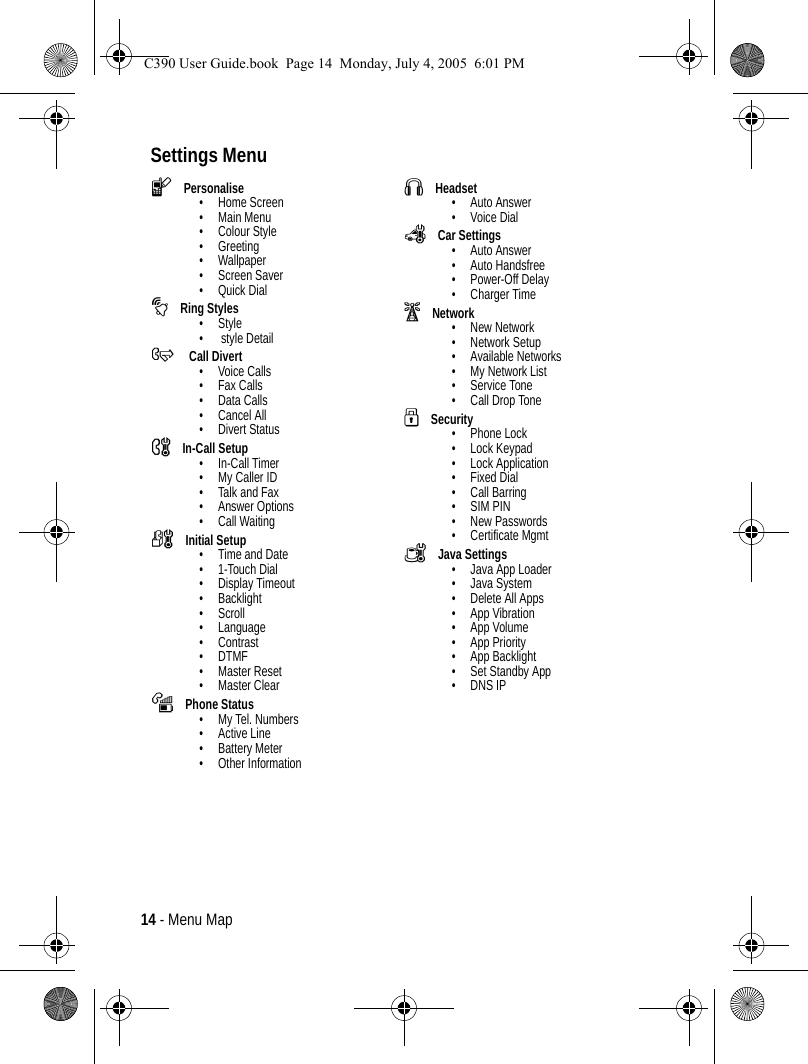 14 - Menu MapSettings Menul Personalise• Home Screen• Main Menu• Colour Style•Greeting• Wallpaper • Screen Saver• Quick Dialt Ring Styles•Style• style DetailH  Call Divert• Voice Calls• Fax Calls• Data Calls• Cancel All• Divert StatusU In-Call Setup•In-Call Timer• My Caller ID• Talk and Fax• Answer Options• Call WaitingZ Initial Setup• Time and Date•1-Touch Dial• Display Timeout• Backlight•Scroll• Language• Contrast•DTMF•Master Reset• Master Clearm Phone Status•My Tel. Numbers• Active Line• Battery Meter• Other InformationS Headset• Auto Answer• Voice DialJ Car Settings• Auto Answer• Auto Handsfree• Power-Off Delay• Charger Timej Network• New Network• Network Setup• Available Networks• My Network List• Service Tone• Call Drop Toneu Security• Phone Lock• Lock Keypad• Lock Application•Fixed Dial• Call Barring• SIM PIN• New Passwords• Certificate Mgmtc Java Settings• Java App Loader• Java System• Delete All Apps• App Vibration• App Volume• App Priority• App Backlight• Set Standby App•DNS IPC390 User Guide.book  Page 14  Monday, July 4, 2005  6:01 PM