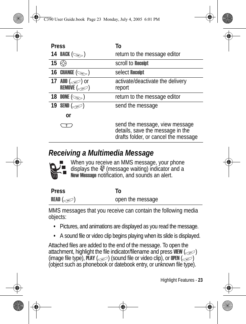 Highlight Features - 23Receiving a Multimedia MessageWhen you receive an MMS message, your phone displays the r (message waiting) indicator and a New Message notification, and sounds an alert.MMS messages that you receive can contain the following media objects:•Pictures, and animations are displayed as you read the message.•A sound file or video clip begins playing when its slide is displayed.Attached files are added to the end of the message. To open the attachment, highlight the file indicator/filename and press VIEW (+) (image file type), PLAY (+) (sound file or video clip), or OPEN (+) (object such as phonebook or datebook entry, or unknown file type). 14 BACK (-) return to the message editor15 Sscroll to Receipt16 CHANGE (-) select Receipt17 ADD (+) or REMOVE (+)activate/deactivate the delivery report18 DONE (-) return to the message editor19 SEND (+)orsend the messageMsend the message, view message details, save the message in the drafts folder, or cancel the messagePress ToREAD (+) open the messagePress ToC390 User Guide.book  Page 23  Monday, July 4, 2005  6:01 PM